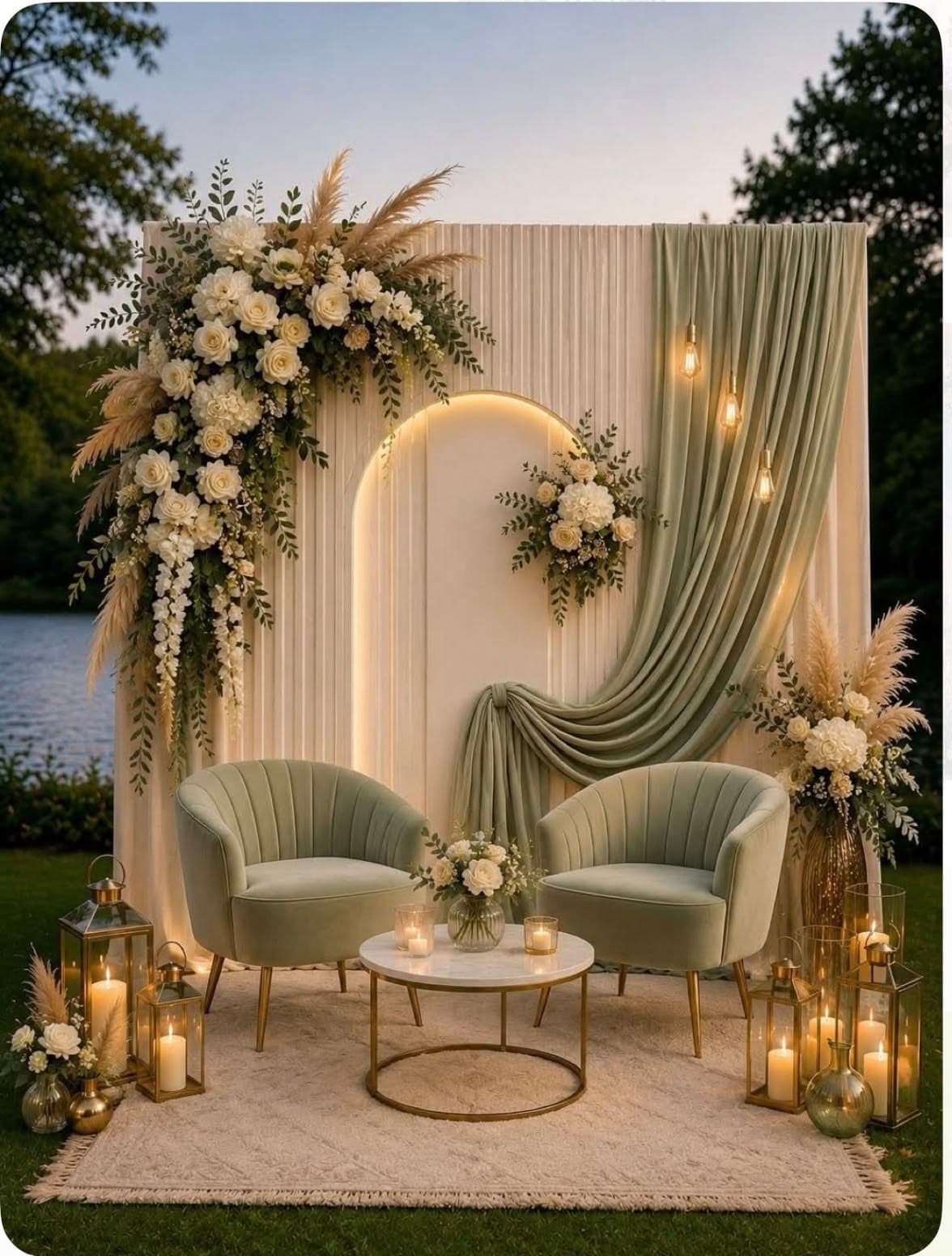 Décor de mariage en plein air : arche fleurie, deux fauteuils et des bougies à la tombée du jour